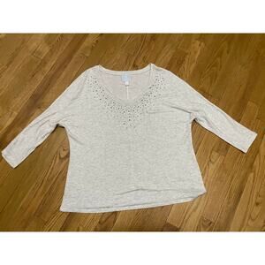 Dressbarn Sunday Lounge Soft 3/4 sleeve heathered gray cream bedazzled neck Sz L